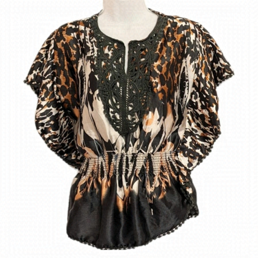 Bizz GIRL Leopard Print Chrochet Decor Boho Blouse Small @Y